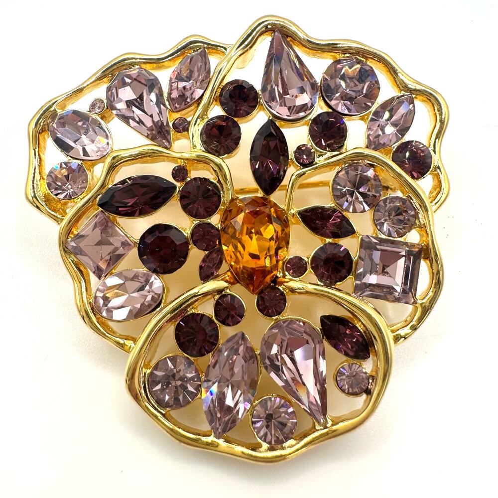 Nolan Miller vintage gold tone purple topaz rhinestones pansy flower brooch